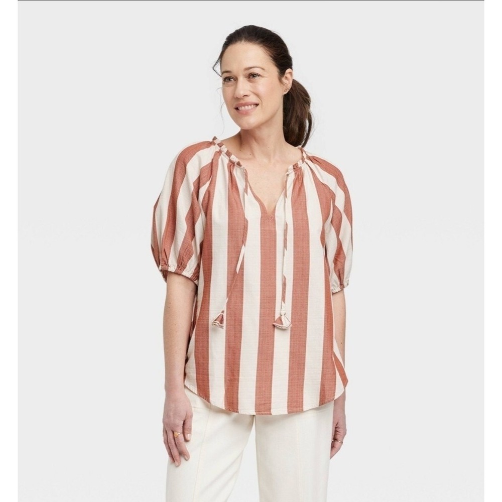 Knox Rose Womens XXL Peasant Top Striped Beige Rust Cottagecore Boho Beach